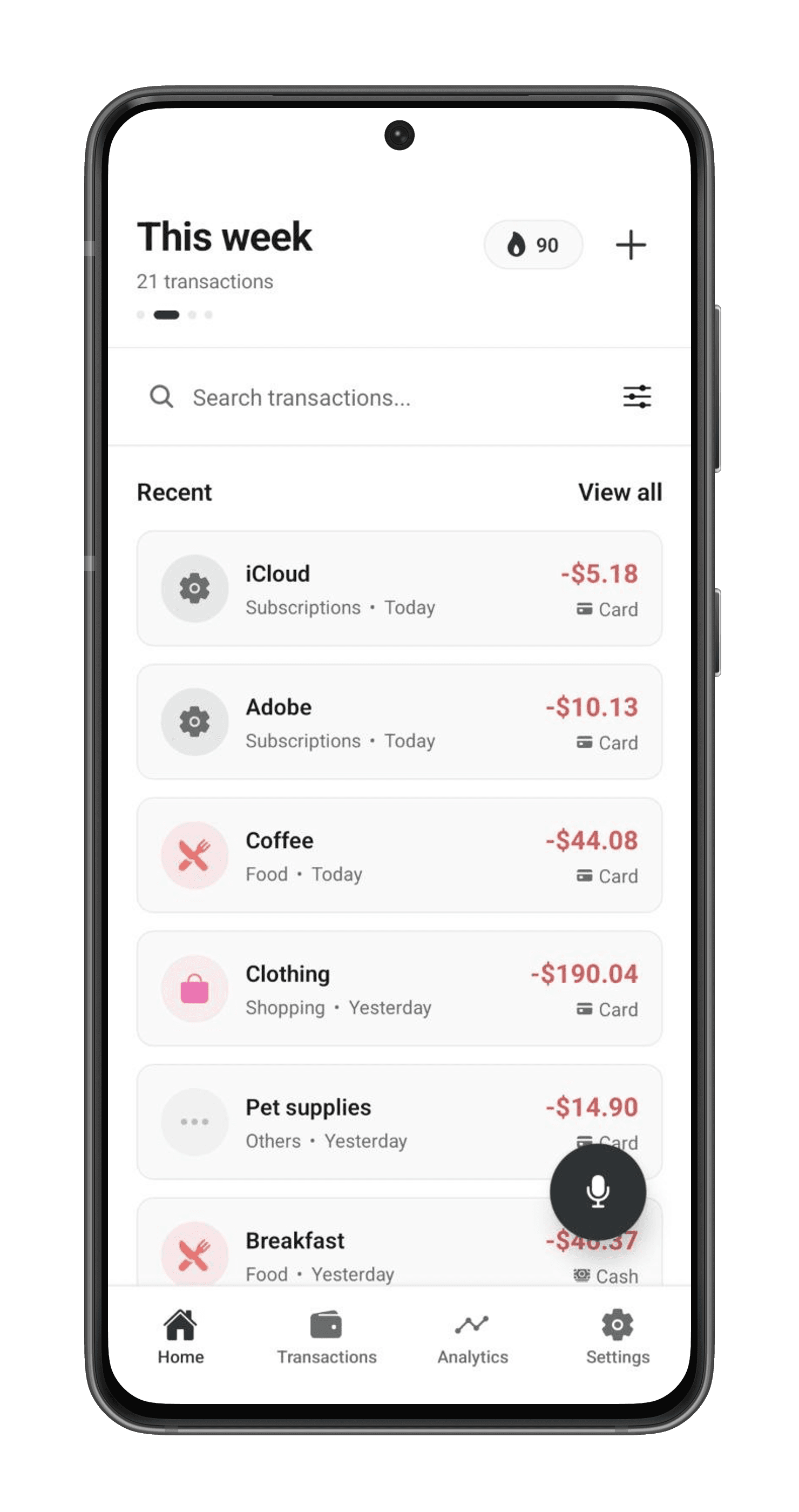 Notio home screen with recent transactions and voice logging